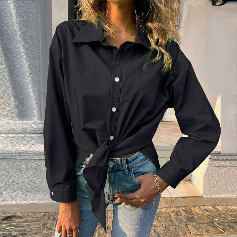 Comfy Flowy Hide Belly Long Shirt Long Sleeve Shirts Button Down Collared  Solid Dressy Tunic Tops to Wear with Leggings Plus Size Tops for Women  Black