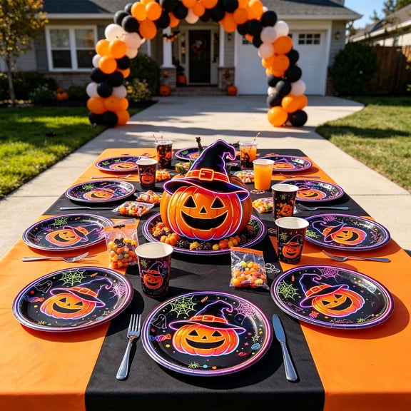 Halloween Party Tableware Set,Disposable Paper Plates And Napkins For 10 Guests Holiday Celebration,Pumpkin Spider Web Dinnerware Supplies For Classroom Birthday Costume Party Table Decor(C)