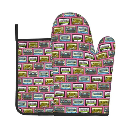 

Junzan Retro Cassette Pattern Oven Mitts and Pot Holders 2 pcs Set Potholders BBQ Gloves Long Kitchen Oven Glove for Cooking Baking Grilling (2-Piece Set 11 Inch)