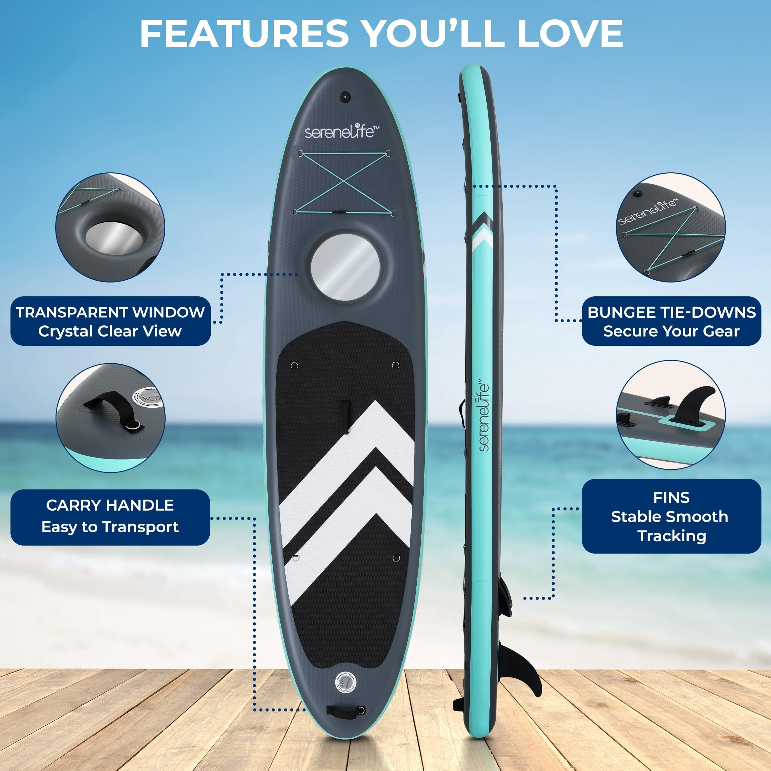 SereneLife 106 Inflatable Stand-Up Paddle Board with Window - 32 Wide Stable Design with Non-Slip EVA Deck Pad, Premium SUP Accessories and GoPro Mount, for Youth and Adults, 350 lbs. Capacity