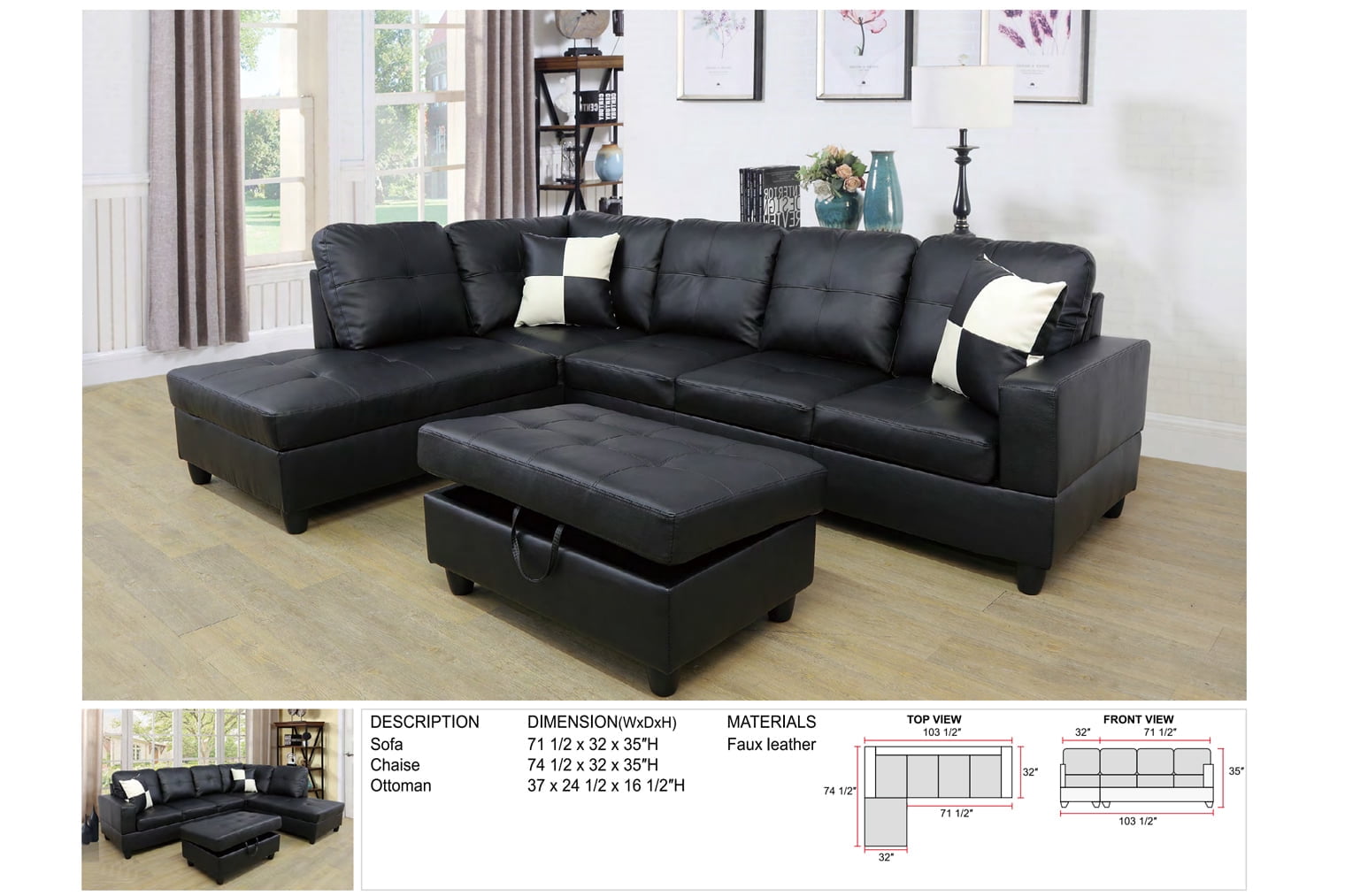 PonLiving Furniture Black Faux Leather 3 Piece Sectional Sofa Couch Set, L-Shaped Modern Sofa with Chaise Storage Ottoman for Living Room Furniture, Right Hand Facing