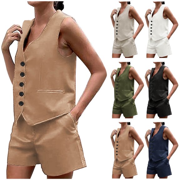 FRSASU Women's Summer 2 Piece Outfits Sleeveless Matching Sets Button Down V Neck Vest Waistcoat and Pockets Shorts White