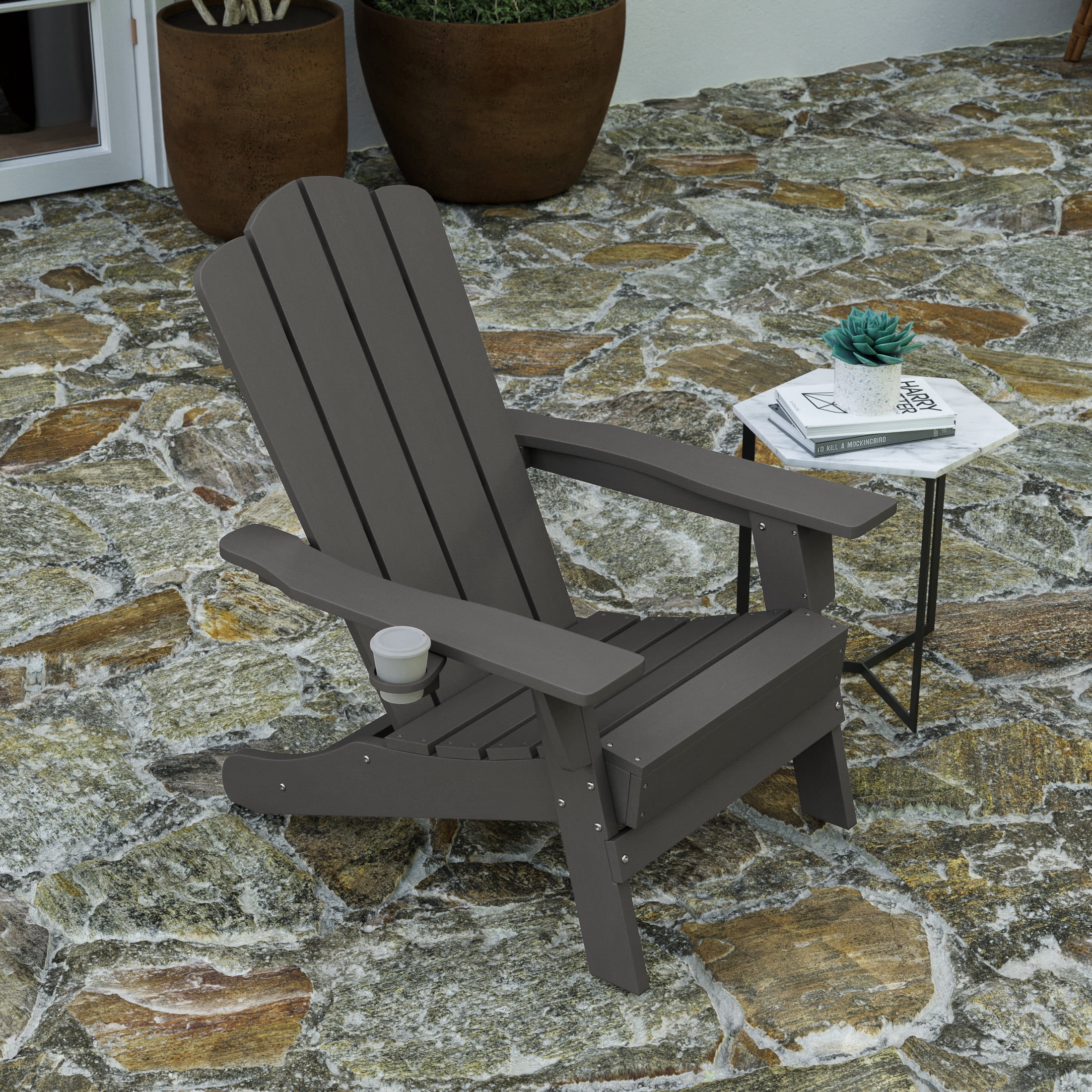 Merrick Lane Adirondack Chair with Cup Holder, Weather Resistant HDPE Adirondack Chair in Gray, Set of 4