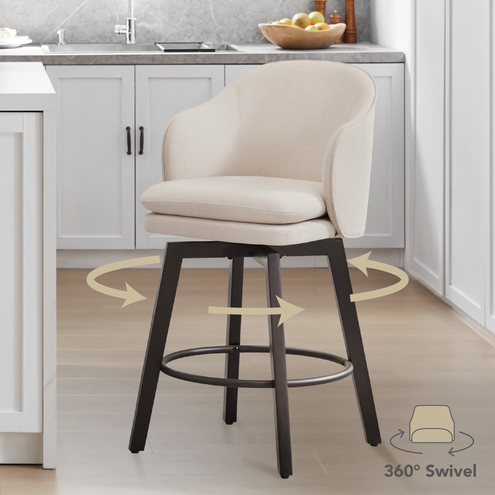 Spruce & Spring Counter Height Swivel Bar Stool with Curved Back and Arms Single, Beige, Fabric