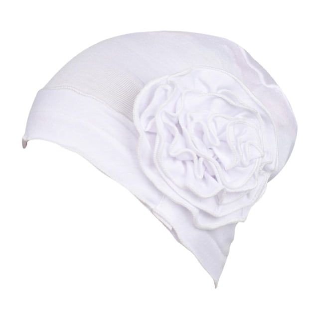 KLKCMS For Ladies Solid Elastic Flower Hat Turban Chemo Cancer Hair Loss Cap Head Wrap white