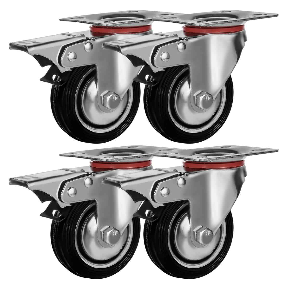 4 Heavy Duty Caster Set 4" Wheels 4 Swivel 2 with Brake Non Skid No Mark Casters 
