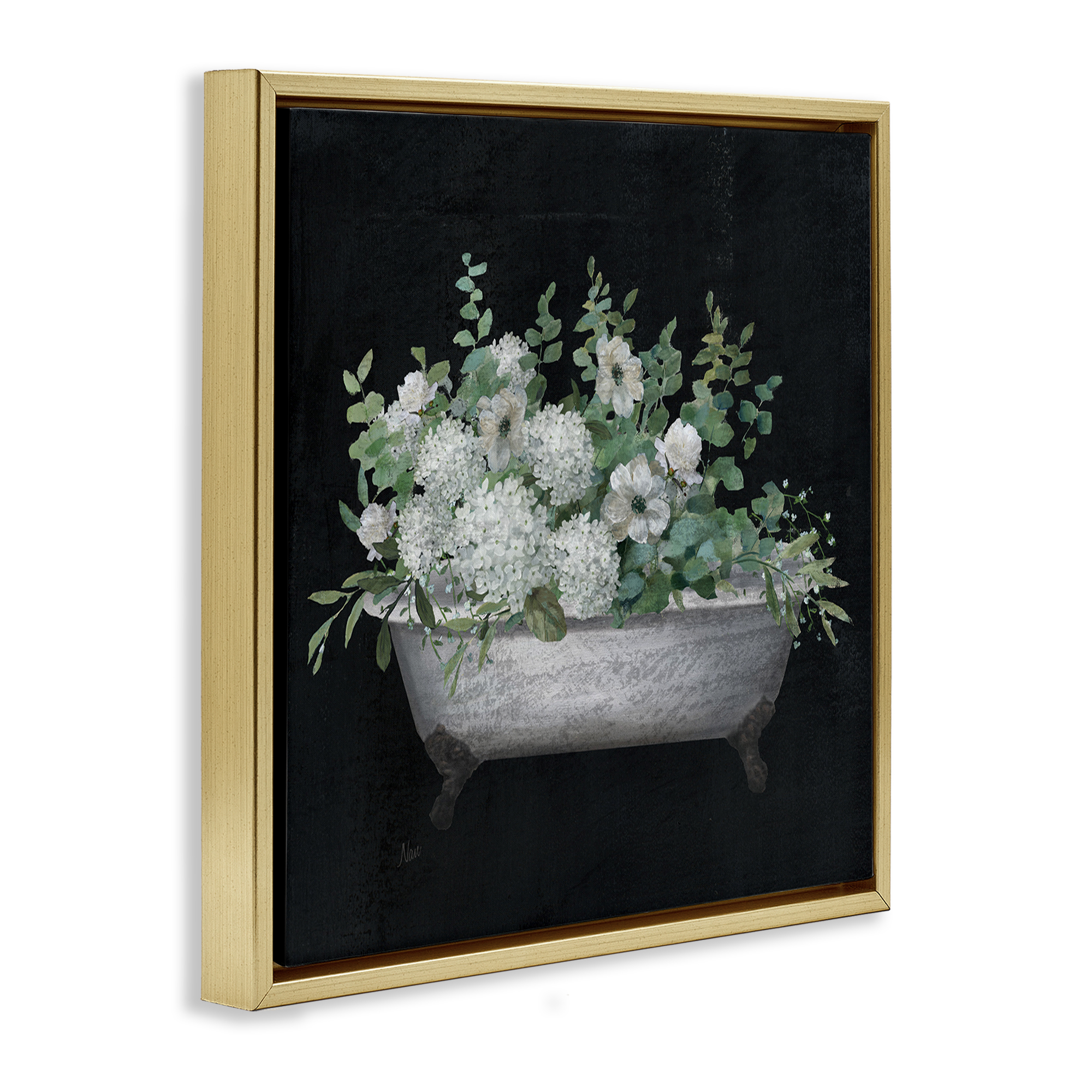 Stupell Industries Floral Bath on Black Typography Painting Gold Floater Framed Canvas Art Print Wall Art, 18 x 18