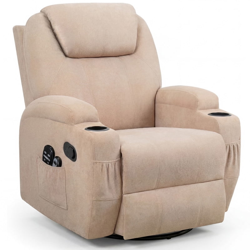 Vineego Massage Swivel Rocker Recliner with PU Leather Fabric Small Spaces Lounge Chair with Two Cup Holder for Bed Room,Linen Beige