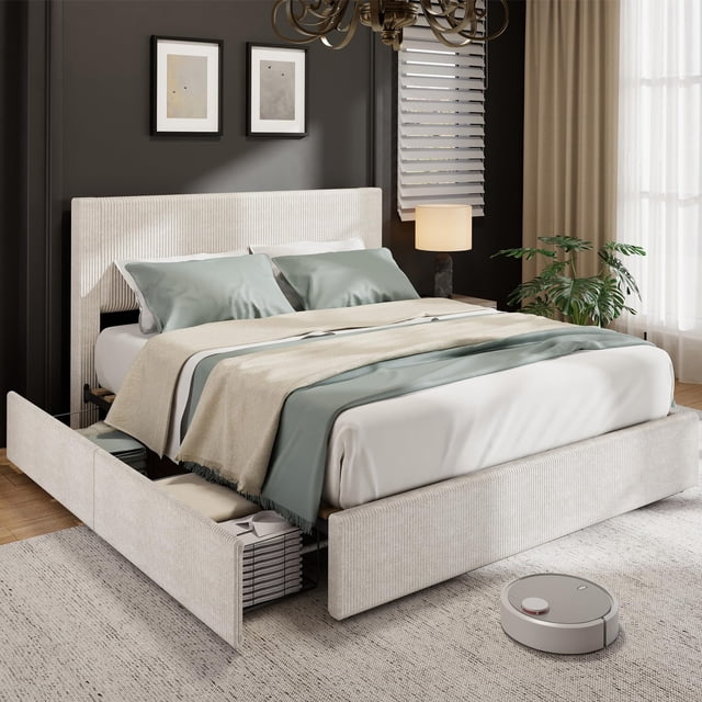 Upholstered Bed Frame with 4 Drawers, Platform Storage Bedframe, Corduroy Channel Tufted Headboard, Wooden Slats Support, No Box Spring Needed