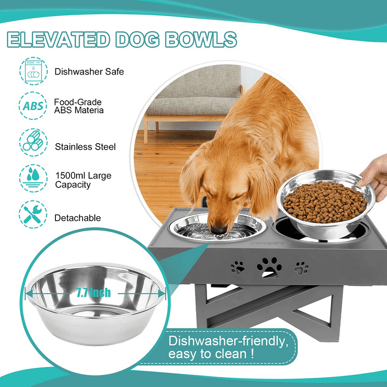 odriew elevated dog bowls, 5 adjustable heights raised dog bowl stand with  2 stainless steel dog food bowls, tiltable neck gu