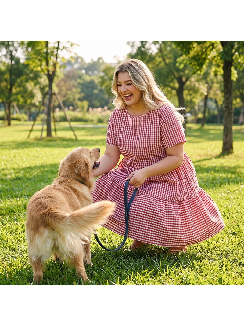 Agnes Orinda Women's Plus Size Gingham Dresses Tiered Crew Neck Short Sleeves Summer Casual Midi Plaid Dress 4X Red, Size: 4XL, Black
