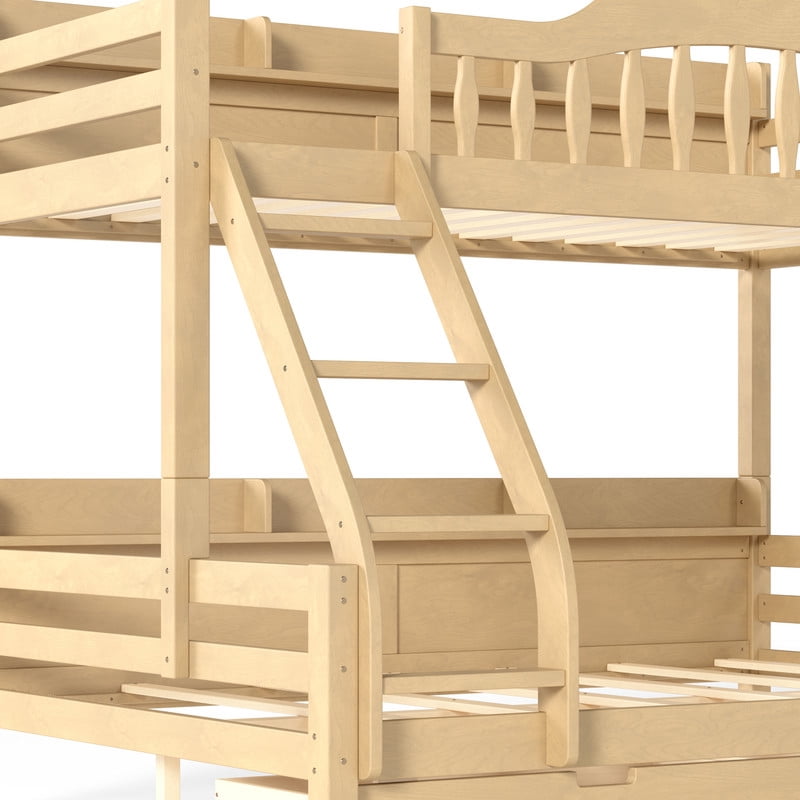 Twin-Over-Full Wood Bunk Bed with Curved Guardrail & Ladder, Chic Kids Storage Bed Frame with Drawers & Bedside Shelves