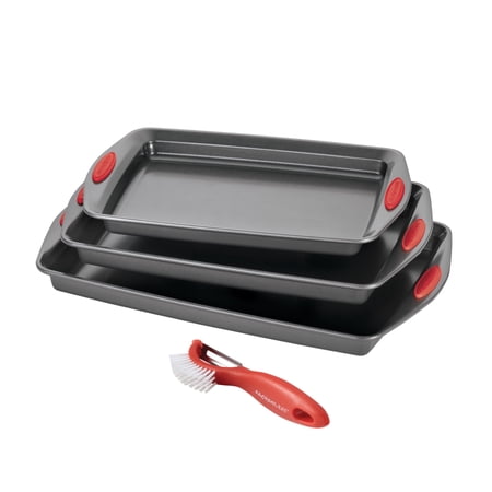 Rachael Ray Bakeware Nonstick Baking Sheet and Veg-a-Peel Set  4-Piece  Gray with Red Silicone Grips