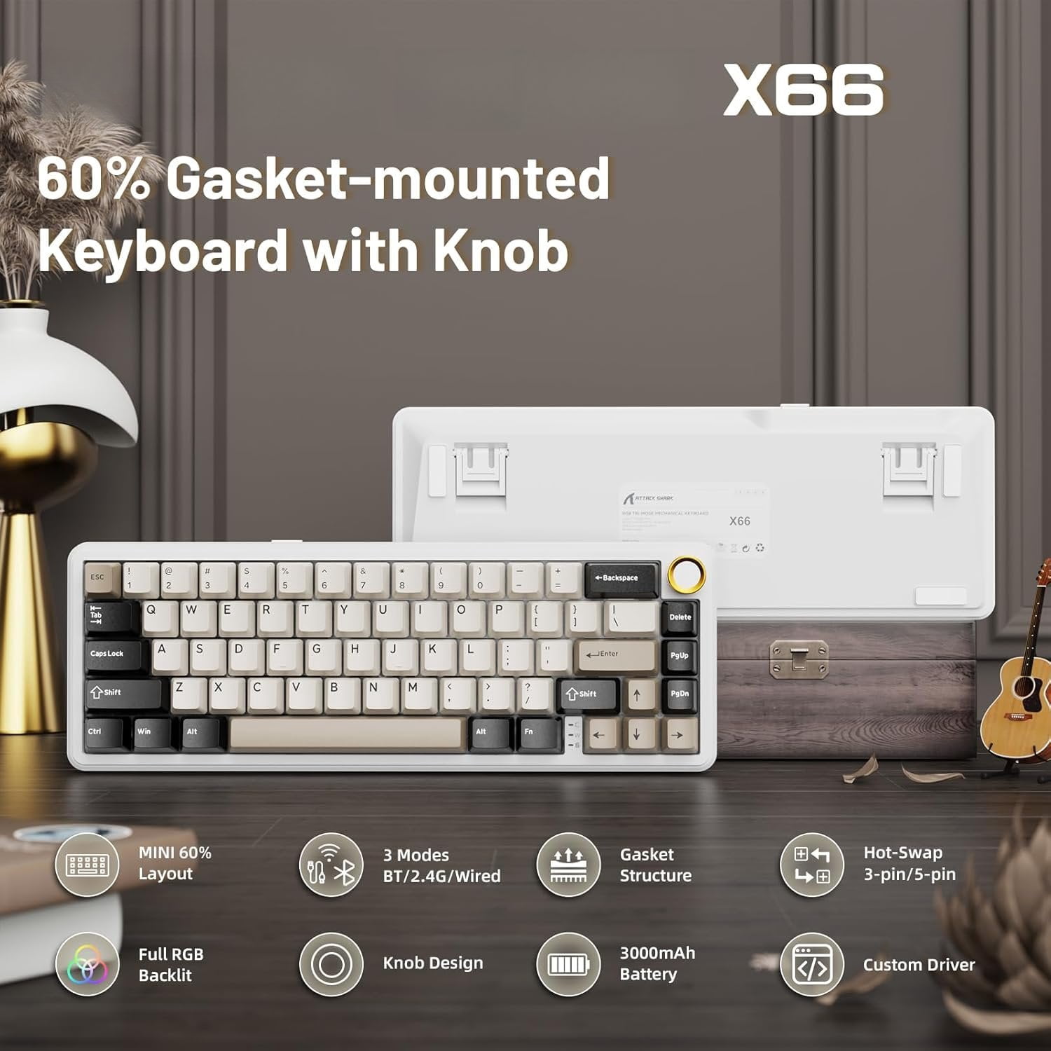 X66 60% Mechanical Gaming Keyboard with Volume Knob, Gasket Hot Swappable Custom Keyboard, PBT Keycaps, Tri-Mode USB-C/BT5.0/2.4G RGB Keyboard with Coiled - Cheese White
