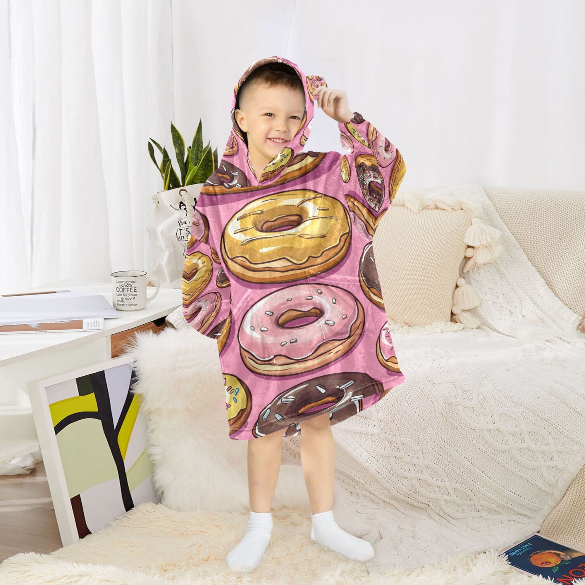 FORMRS Wearable Blanket Hoodie with Sleeves for Kids Cozy Flannel Sweatshirt, Cute Doughnuts Pattern