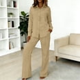 thumbnail image 2 of Womens Soft Linen Pajama Set Long Sleeve Relaxed Shirt and Wide Leg Pants Comfortable Sleepwear Cozy Loungewear Khaki XL, 2 of 4