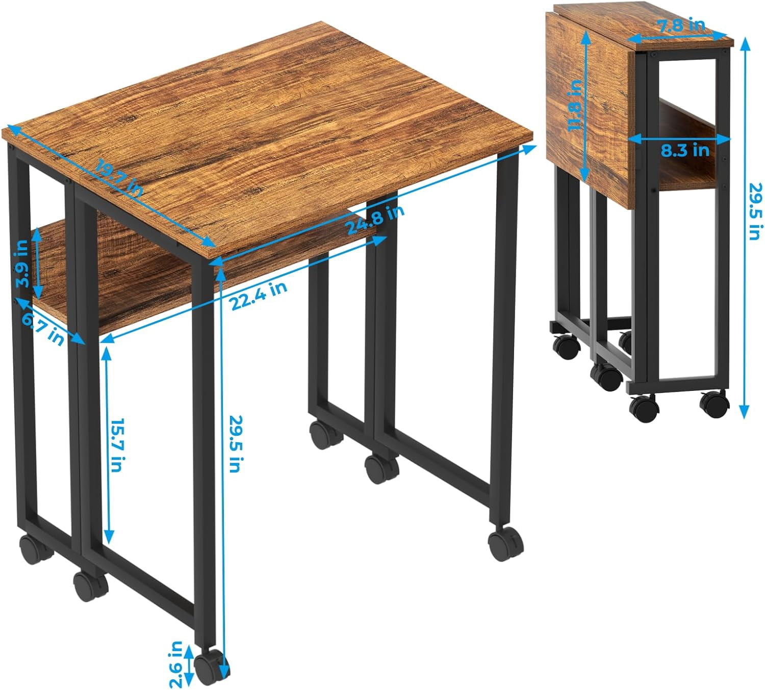 Folding Desk Small Rolling Desk with Storage Shelf, 24.8 inch Foldable Computer Desk with Wheels for Small Space, Easy Assembly,Walnut