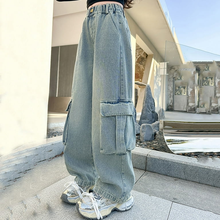 HUITKMM Baggy Jeans for Girls Girls' Denim Work Pants for Autumn