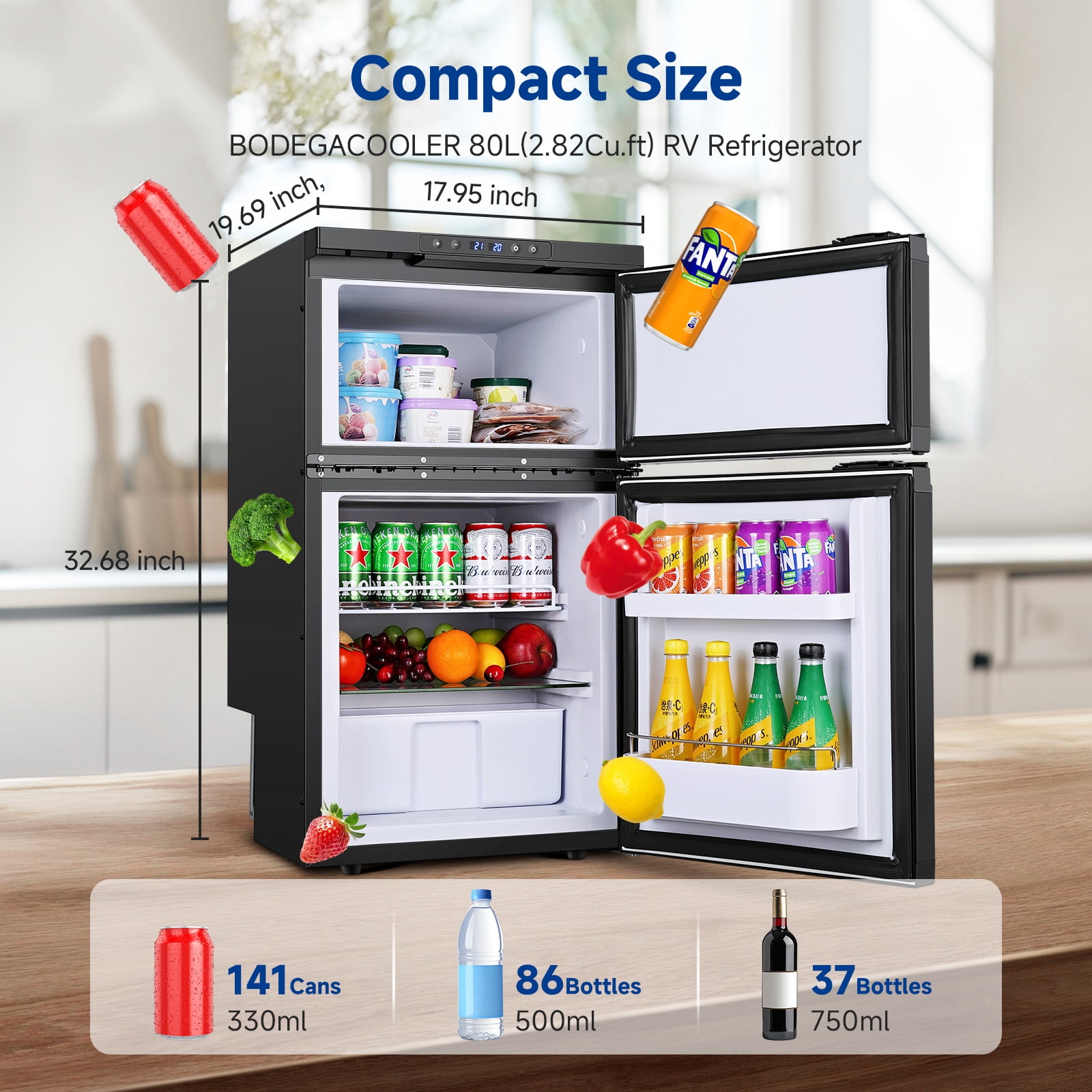 BODEGA 12V RV Refrigerator 80L (2.82 Cu.Ft) Dual Zone Fridge Freezer with APP Control, -4℉–68℉ Compressor Car Refrigerator, 12/24V DC Portable Cooler for RV, Truck, Camper, Boat