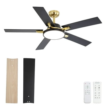 52-Inch Ceiling Fan with LED Light and Remote, Reversible Blades (Black & Wood), Gold Accent, Quiet and Energy-Efficient Modern Fan for Living Room & Bedroom