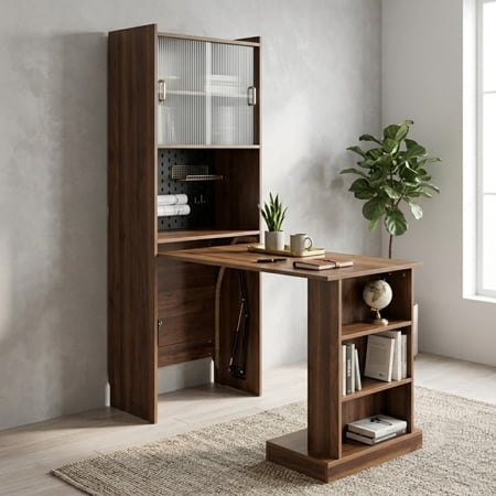 Foldable Computer Desk with 2 Sliding Glass Doors, Writing Study Table with Pegboard, Office Desk Workstation with Storage Shelves for Home Office