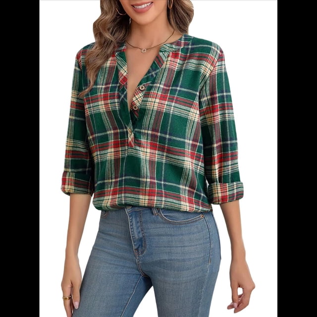 Camisas A Cuadros con Cuello en V para Mujer, Elegantes, Informales, con Botones, Estilo Bohemio, para el Trabajo, de Larga, para Otoño. Verde Oscuro L