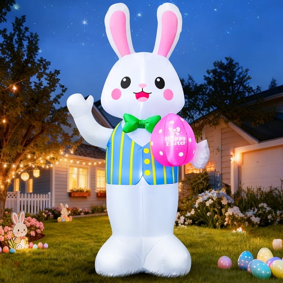 7 FT Easter Inflatable Bunny Outdoor Decoration with Rabbit Holding the Egg, Blow Up Decorations with Built-in LED Lights, Easter Inflatables Outdoor Decoration for Lawn Garden Holiday Party and Home