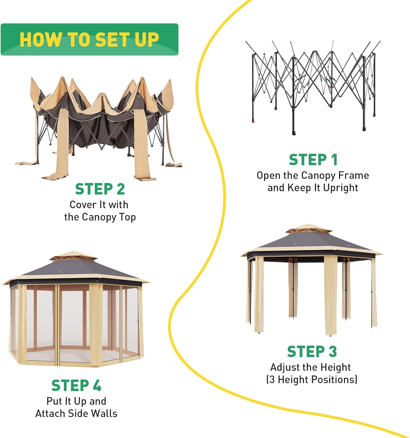 Lumiparty 13x13 ft Outdoor Pop Up Gazebo with Mosquito Netting, Adjustable Height Gazebo Shelter with Carry Bag for Backyard, Garden, Patio, Khaki