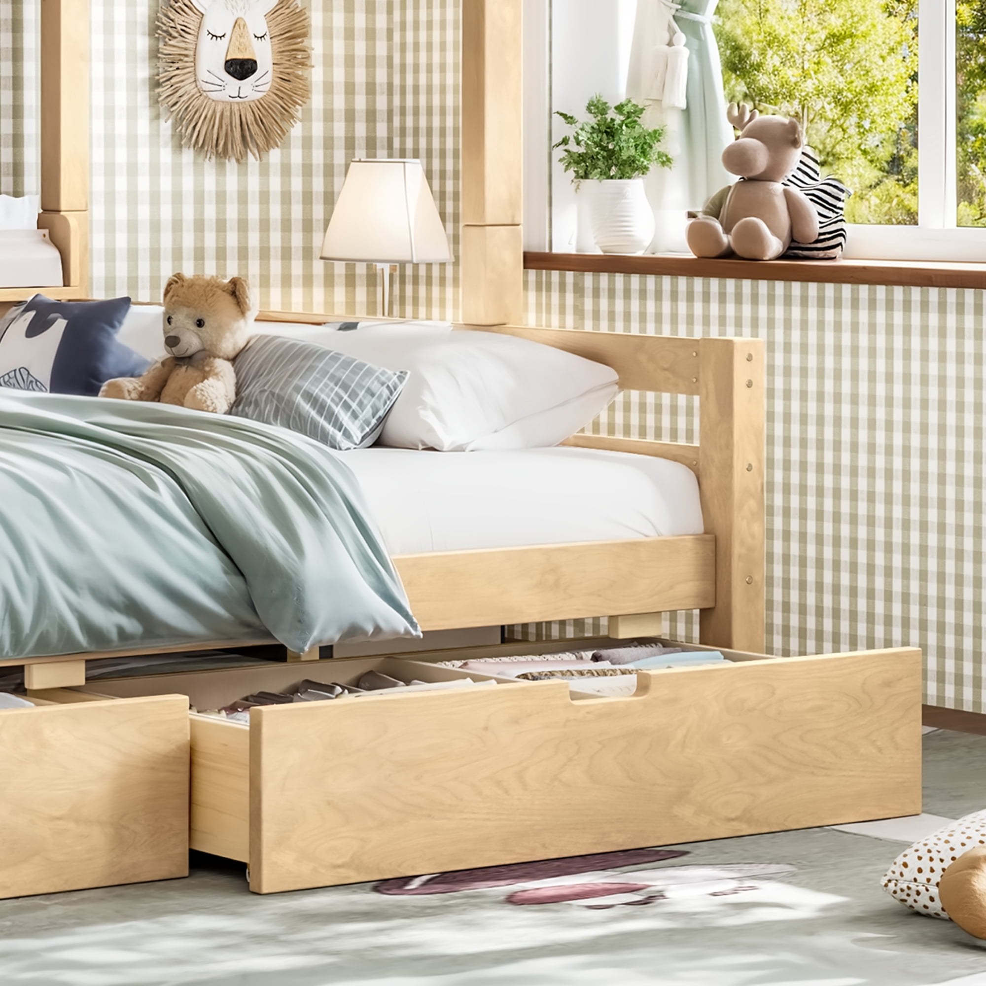 Leumius Twin over Full Bunk Bed with Storage Drawers, Chic Curved Guardrail & Side Storage Shelves, Bunk Bed Frame with Ladder Natural