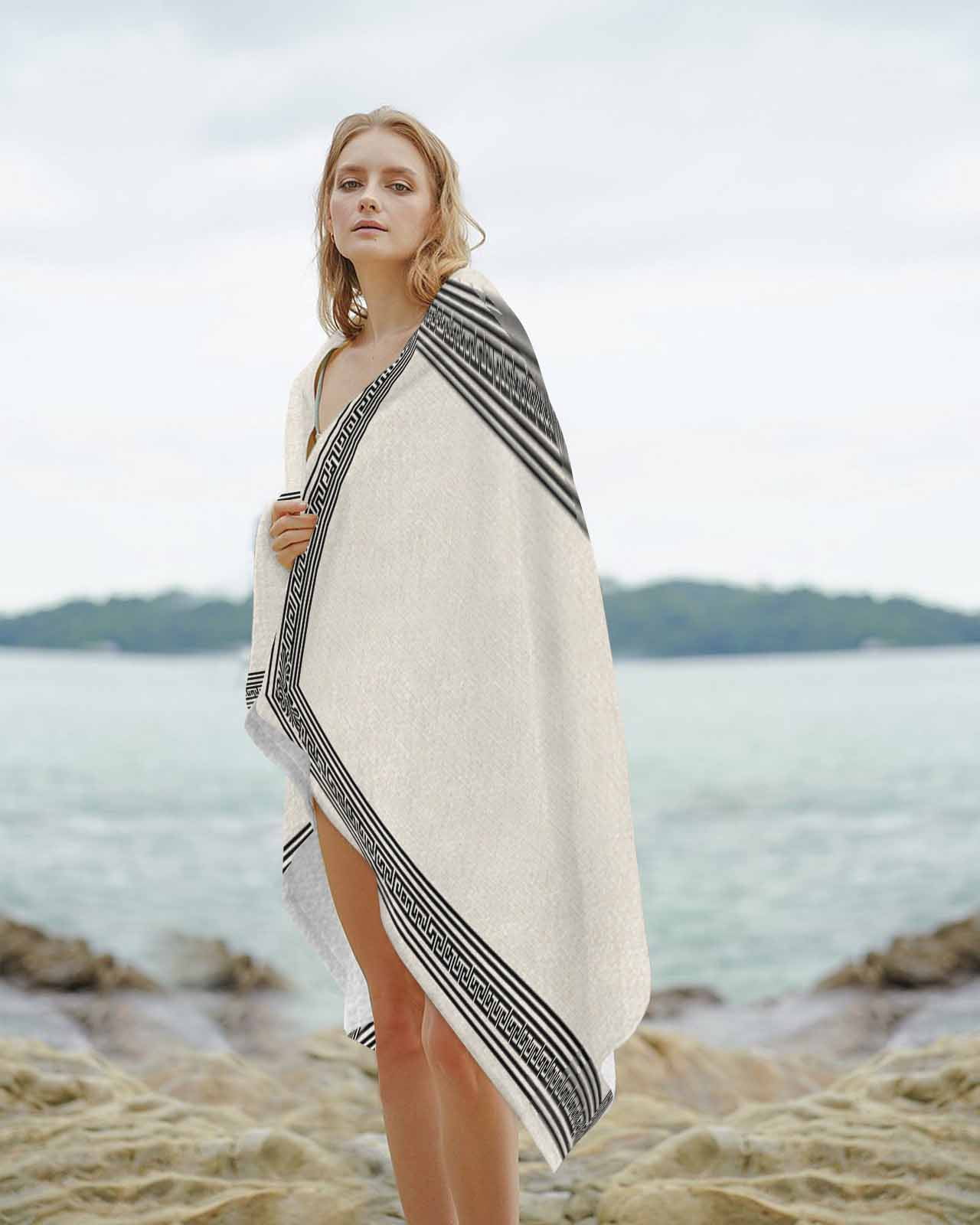 Black Cream Greek Key Beach Towels Oversized Super Absorbent, Geometric Greece Ancient Rustic Lightweight Bath Towel Quick Dry Sets For Bathroom/Pool/Rv Camping/Beach Play/Gym Room/Picnic 30"x60"