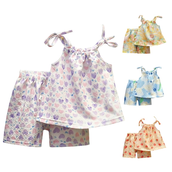 Pandaie 6M-6Y Toddler Girls Clothes Summer Beach Two Piece Outfit Sleeveless Tank Top and Shorts Set Baby Casual Clothing Blue 100(18-24 Months)