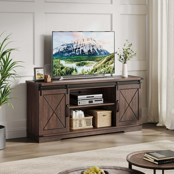 Farmhouse TV Stand, for TV up to 65 in and Entertainment Center with Sliding Barn Doors and Adjustable Shelf, TV Media Console Table with Storage Cabinet, for Living Room, Bedroom