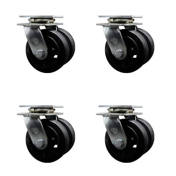 5 Inch Dual Rubber on Steel Wheels Swivel Caster Set with Roller Bearings SCC