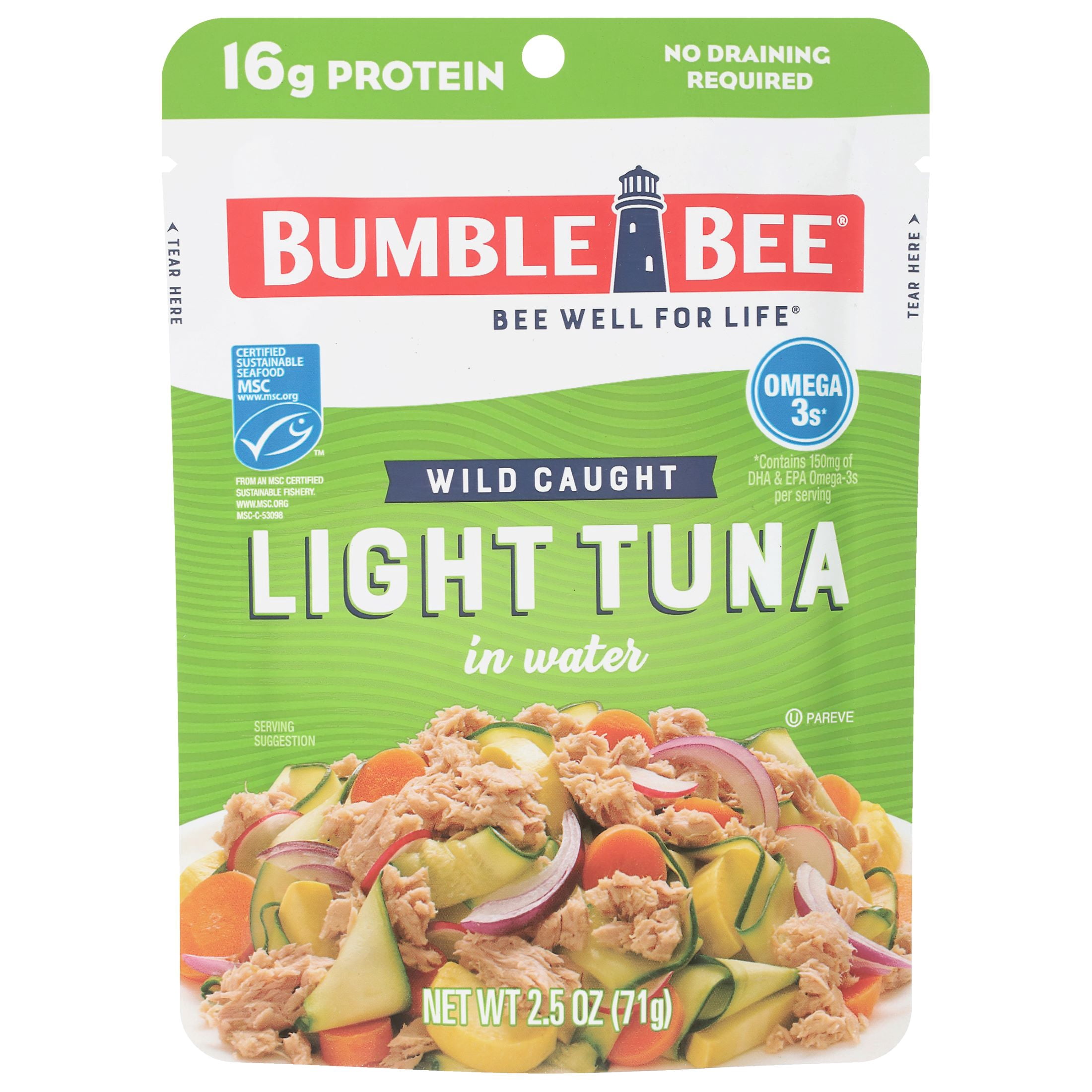 (6 pack) Bumble Bee Light Tuna in Water, Wild Caught, Gluten Free, 16g Protein per Serving, Ready to Eat, Shelf Stable Pouch, 2.5 oz