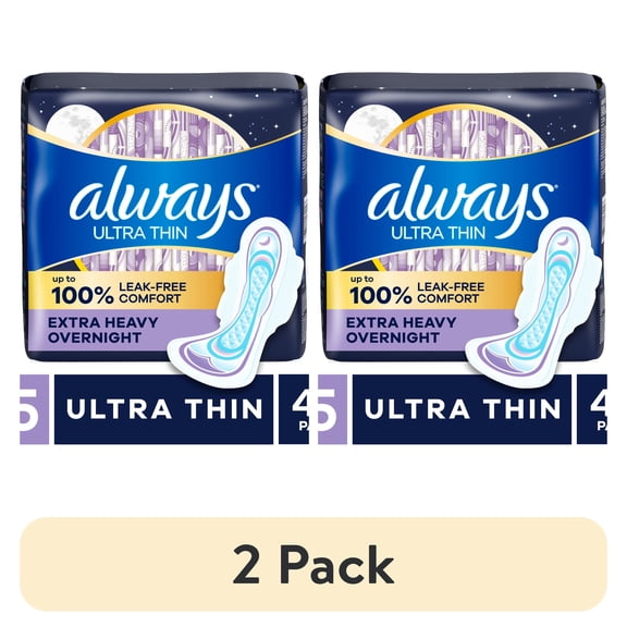 (2 pack) Always Ultra Thin Overnight Pads with Wings, Size 5, Extra Heavy Overnight, 46 Count