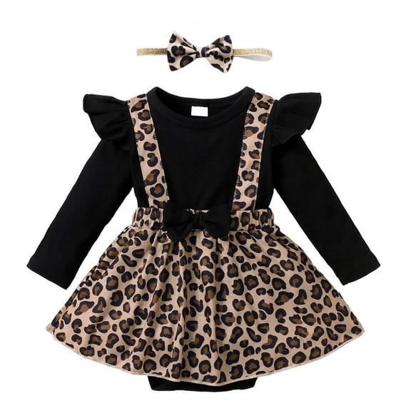 KIMI BEAR Newborn Baby Girls Rompers Long Sleeve Fall Bodysuits Leopard Print Fake 2pcs Jumpsuits Black 6-9 Months