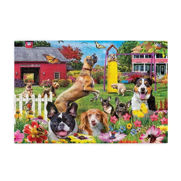500 Piece Vibrant Playful Dogs In Garden Jigsaw Puzzle For Adults – Challenging, Relaxing Brain Exercise Wooden Game, Artistic Home Decor, Ideal Gift For Loved Ones