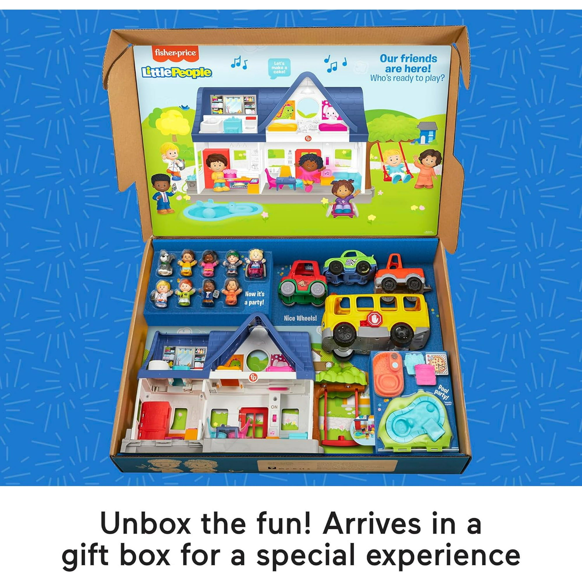 Fisher-Price Little People Toddler Gift Set Play House & School Bus Set with 8 Figures, 3 Vehicles, Musical Toys & Interactive Play Pieces