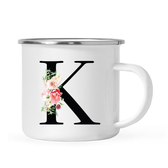 Koyal Wholesale Stainless Steel Campfire Coffee Mug, Blush Floral Monogram, Letter K
