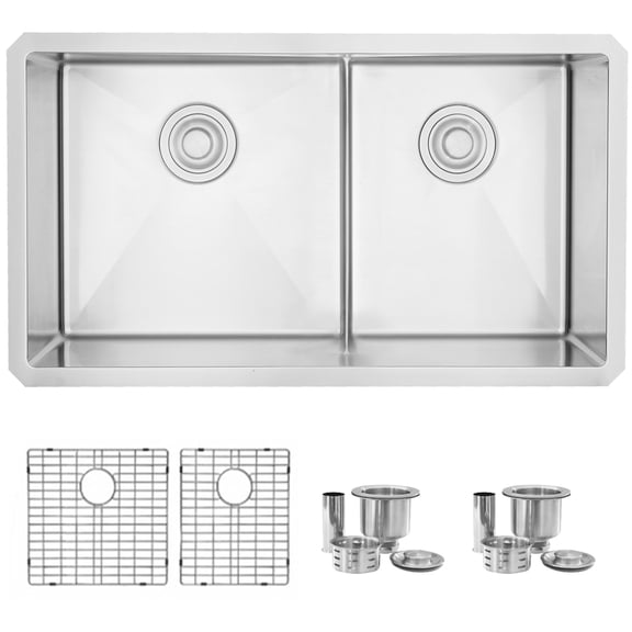 Évier de Cuisine Élégant Encastré 32 Pouces en Acier Inoxydable à Double Bol 60/40 avec Grilles et Passoires S-325XG