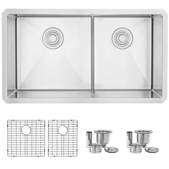 Stylish Undermount 32" Stainless Steel Double Bowl 60/40 Kitchen Sink with Grids & Strainers S-325XG