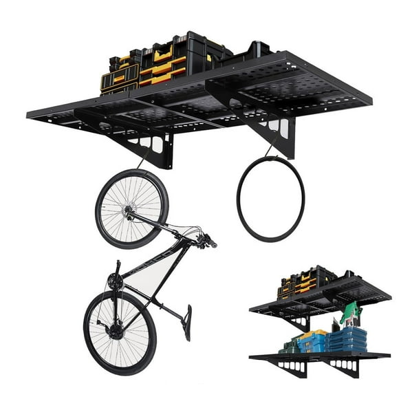 Heavy-Duty Garage Wall Shelving 2 Pack,Wall Mounted Metal Storage Racks with Hooks, 560Lbs Capacity Floating Wire Shelves for Garage, Warehouse & Workshop Organization, Black