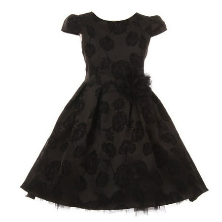 Kids Dream Little Girls Black Flower Print Cap Sleeved Christmas Dress