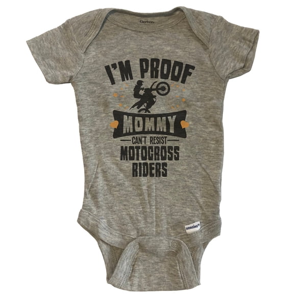 Funny Motocross Baby Bodysuit - I'm Proof Mommy Can't Resist Motocross Riders Baby Bodysuit - Grey