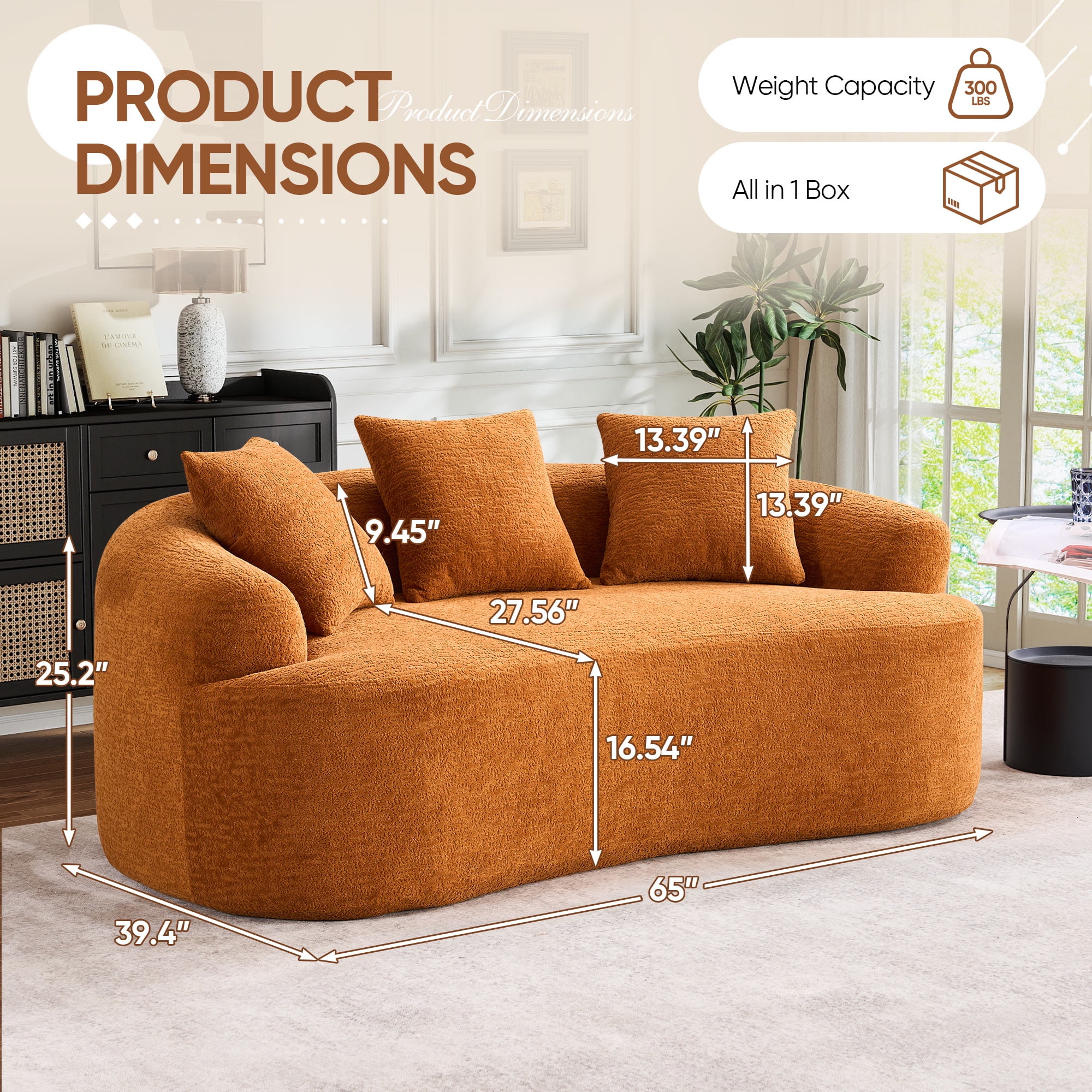 Timbernest 65" Loveseat, Modern Modular Sofa in a Box for Small Spaces, Orange