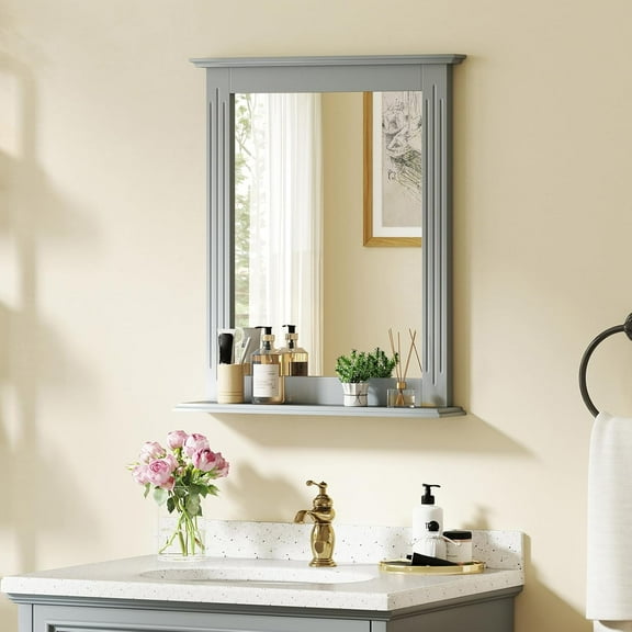 CHARMAID Bathroom Mirror with Shelf - 27" x 22.5" Wall Mirror Over Bathroom Sink, Wooden Frame Modern Rectangular Hanging Vanity Makeup Mirrors for Washroom, Entryway (Gray,27" L x 22.5" W)