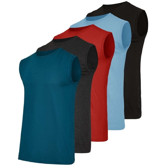 Real Essentials 5 Pack: Men's 100% Ultra Soft Cotton Sleeveless Crewneck Tank Top Casual Shirts Tees (Big & Tall Available)