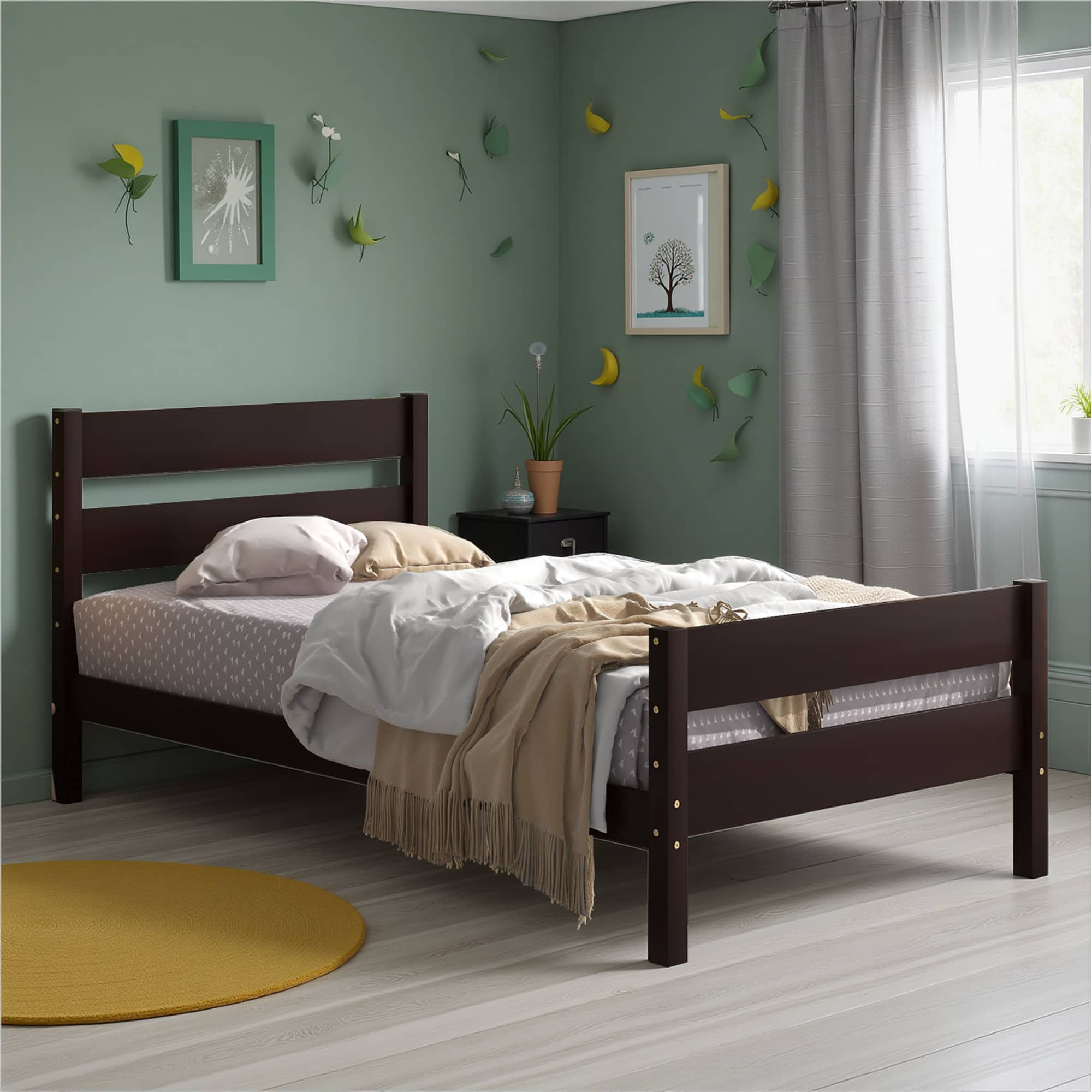 MAYEERTY Twin Bed Frame with Headboard and Footboard for Adult, Espresso