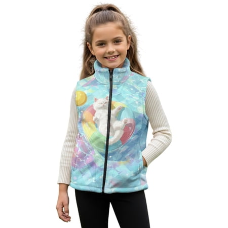 Xoenoiee Cat Swim Ring Print Girls Lightweight Vest with Pockets Zip Up Stand Collar Jacket Sleeveless Winter Warm Vests Outerwear Size 4T