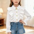 thumbnail image 2 of CAUYDY Kids Girls Long Sleeve Ruffle School Uniform Button Down Shirts Western Blouse Tops Fall Light Gray Sizes 5-6 Years, 2 of 9